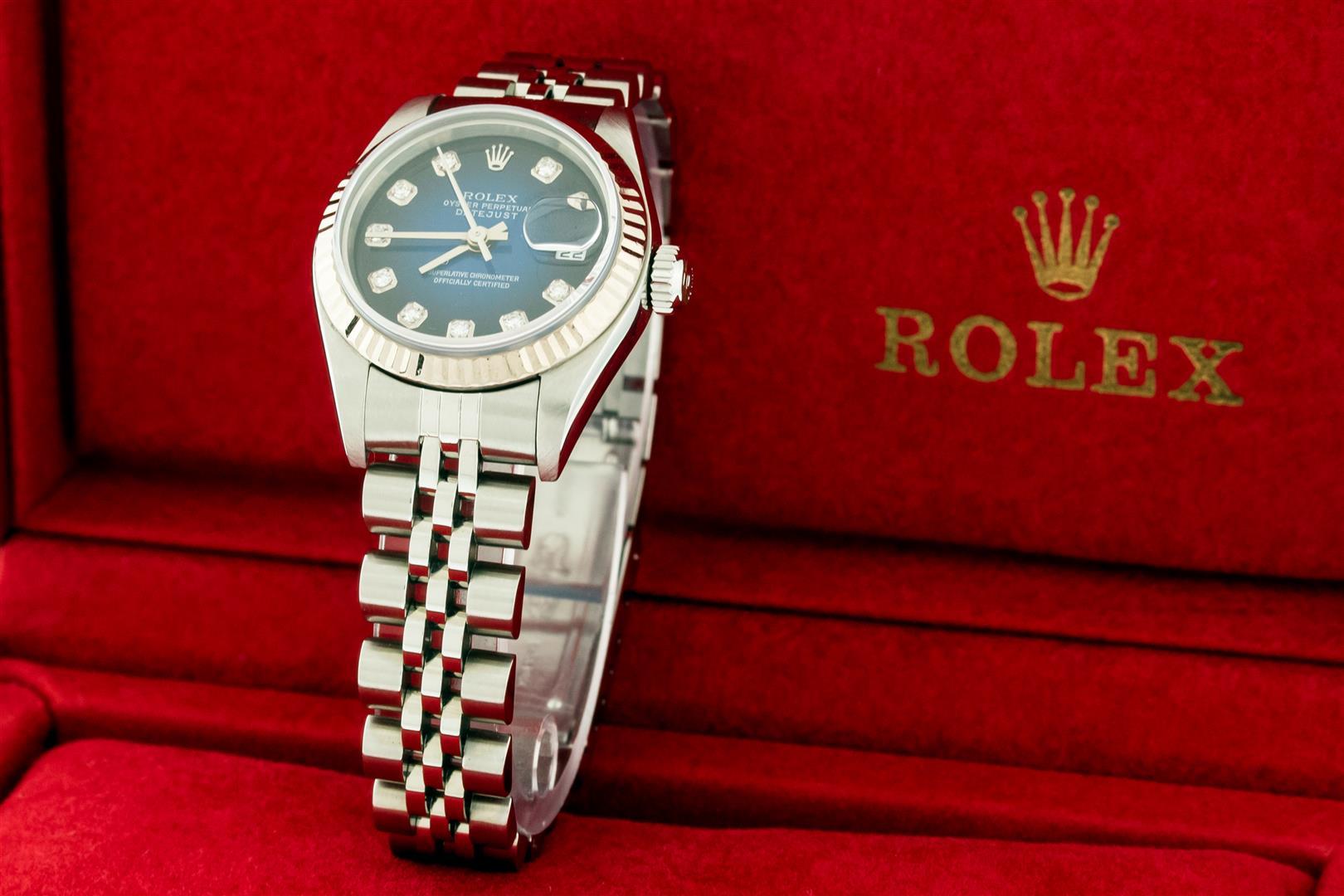Rolex Ladies Stainless Steel Blue Vignette Diamond Datejust 26mm with Box