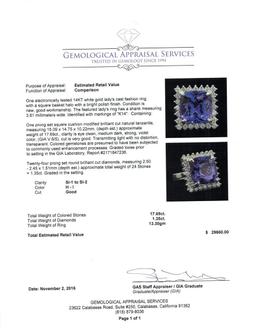 GIA Cert 17.69 ctw Tanzanite and Diamond Ring - 14KT White Gold