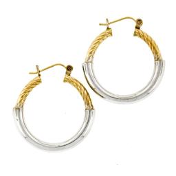 New 14K Yellow & White Gold Plain Puffed Polished Hoop Earrings w/ Twisted Top