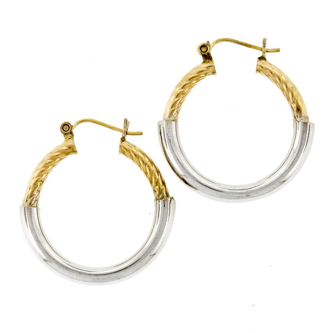 New 14K Yellow & White Gold Plain Puffed Polished Hoop Earrings w/ Twisted Top