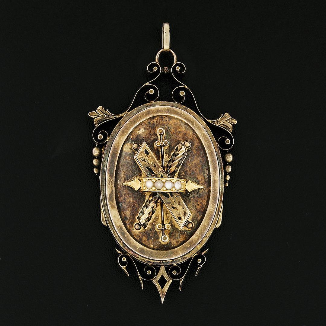 Antique Victorian 14k Gold Seed Pearl & Black Enamel Etched Oval Locket Pendant