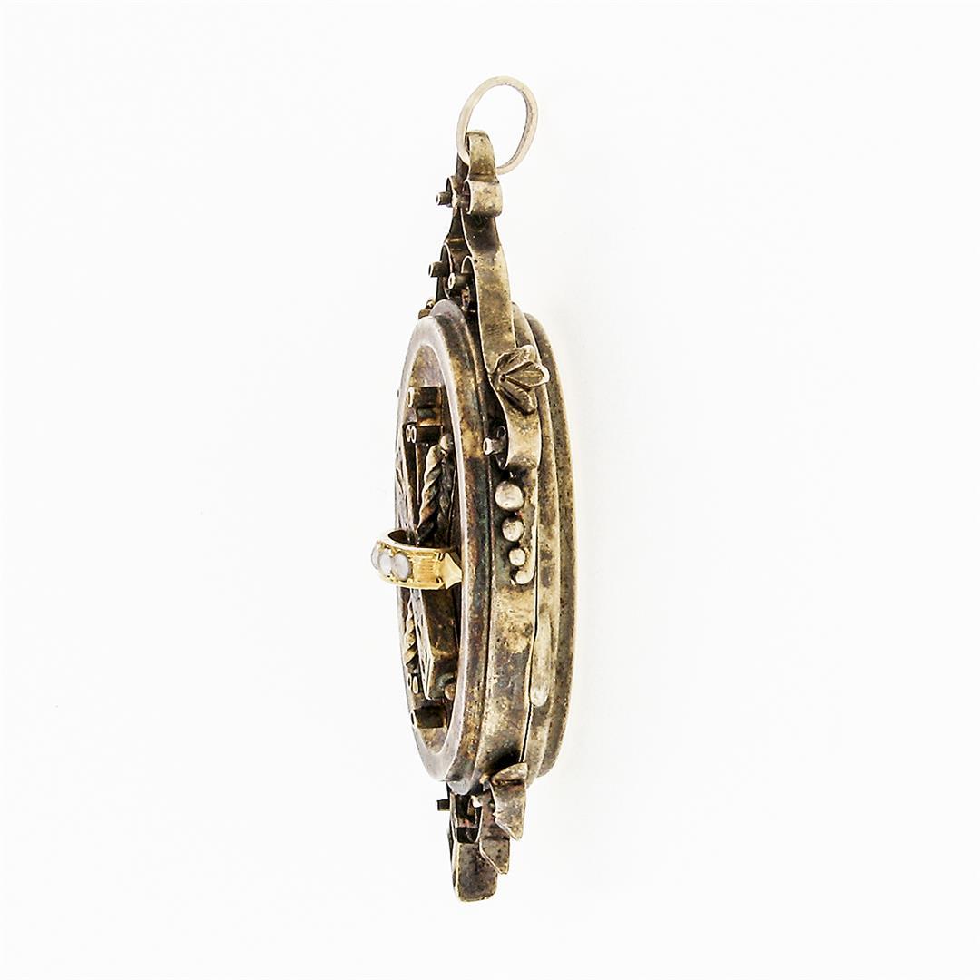 Antique Victorian 14k Gold Seed Pearl & Black Enamel Etched Oval Locket Pendant