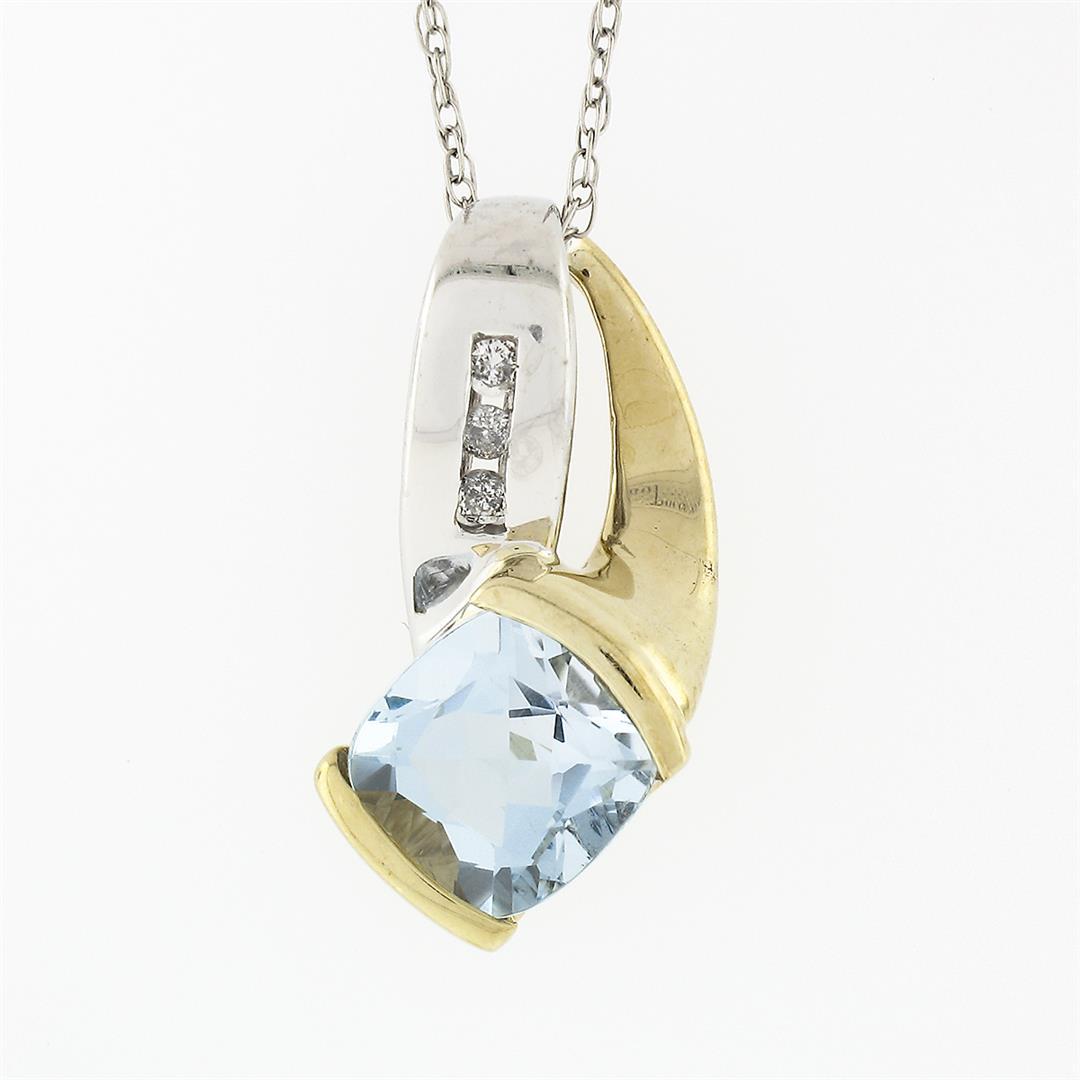 Petite 10K TT Gold Channel Blue Topaz Diamond Polished Overlap Pendant Necklace