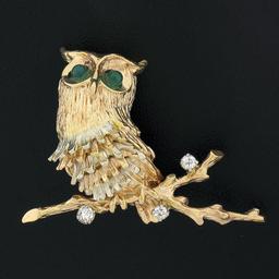 Vintage Detailed Textured 14K TT Gold Diamond & Chalcedony Owl on Branch Brooch
