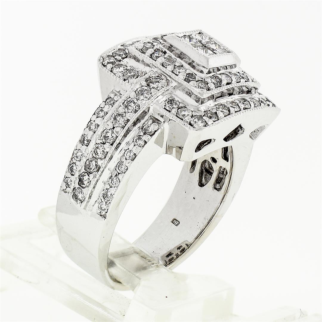 18k White Gold 1.20 ctw Round & Princess Cut Diamond Tiered Square Cluster Ring