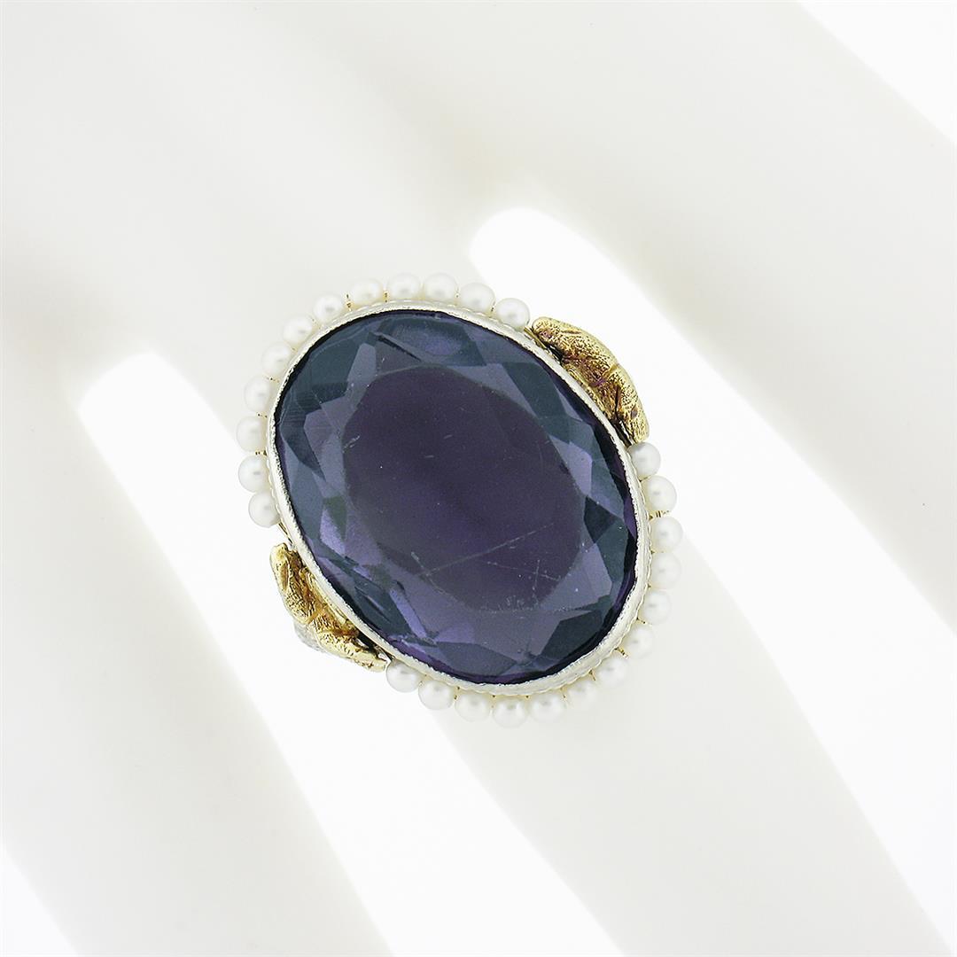 Antique 10K TT Gold Oval Bezel Purple Stone Seed Pearl Halo & Open Filigree Ring