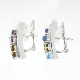 18k White Gold 3.86 ctw Multi Color Gemstone Round Diamond Cluster Cuff Earrings