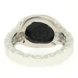 18K White Gold Oval Bezel Set Black Onyx & Burnish Set Round Diamond Bubble Ring