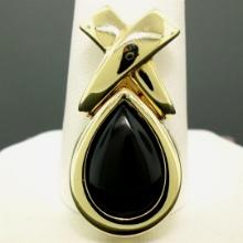 14k Solid Yellow Gold Pear Shaped Cabochon Bezel Black Onyx Teardrop "X" Pendant