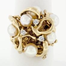 Vintage 14k Yellow Gold 0.15 ctw Round Diamond & 6mm Pink Pearl Statement Ring