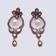 Pair of Mogul Style Silver Topped Gold Pearl & Polki Diamond Earrings