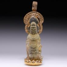 Large 18K Yellow Gold & Diamond Pendant with Carved Citrine Guanyin by Carlo Ric