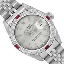 Rolex Ladies Quickset Stainless Steel Silver Index Diamond And Ruby Date Watch W