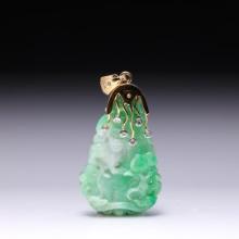 Chinese Carved Jadeite Pendant with 18K Yellow Gold & Diamond Mount