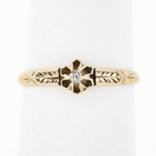 Petite Antique 14K Gold Buttercup Prong Set Diamond Solitaire Hand Engraved Ring