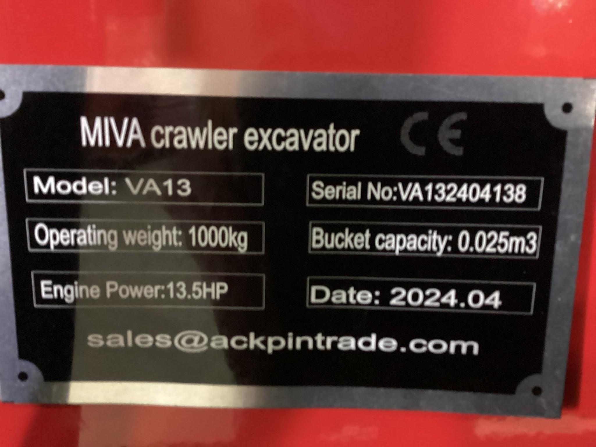 New Unused Miva Model VA13 Mini Excavator, Manaul Thumb, Auxiliary Hydraulics