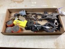 Box lot of angle drill hit attachments, bench dogs, strap clamp, tool wrenches
