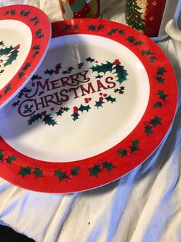 Merry Christmas plates and 2 mugs