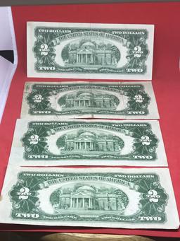 3- 1953 Red Seal $2.00 Notes, and 1- 1963 Red Seal $2.00 Note