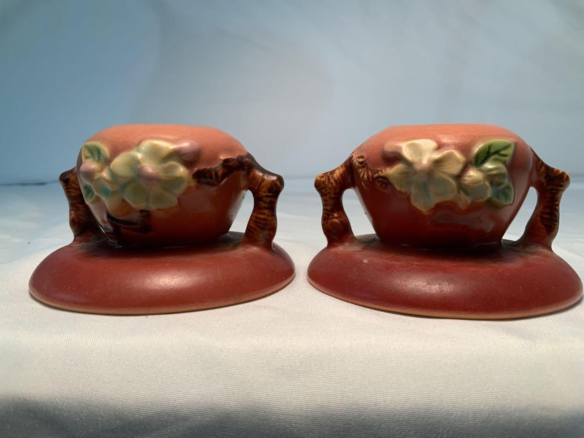 ROSEVILLE MATCHING CANDLE HOLDERS 2" HIGH APPLE BLOSSOM PATTERN 35/