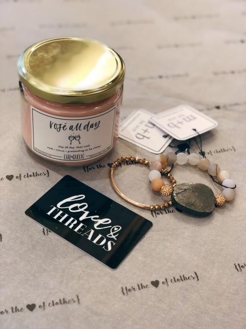 $75 gift card to Love & Threads, candle and Bracelet set
