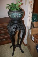 Antique Wooden Hand Carved Plant Stand With Plant