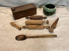 primitive wooden box, stoneware pot, & wooden utensils