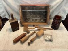 wooden Coca Cola crate, glass tobacco jar, & kitchen utensils