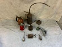 assorted oil cans, Whale oil lamp & oil can fill spout