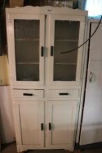 Vintage White Frosted Glass Kitchen Cabinet