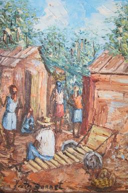 Small Oil Painting of Gathering Villagers may be signed by Katy Bonnet 15 tall 13 wide
