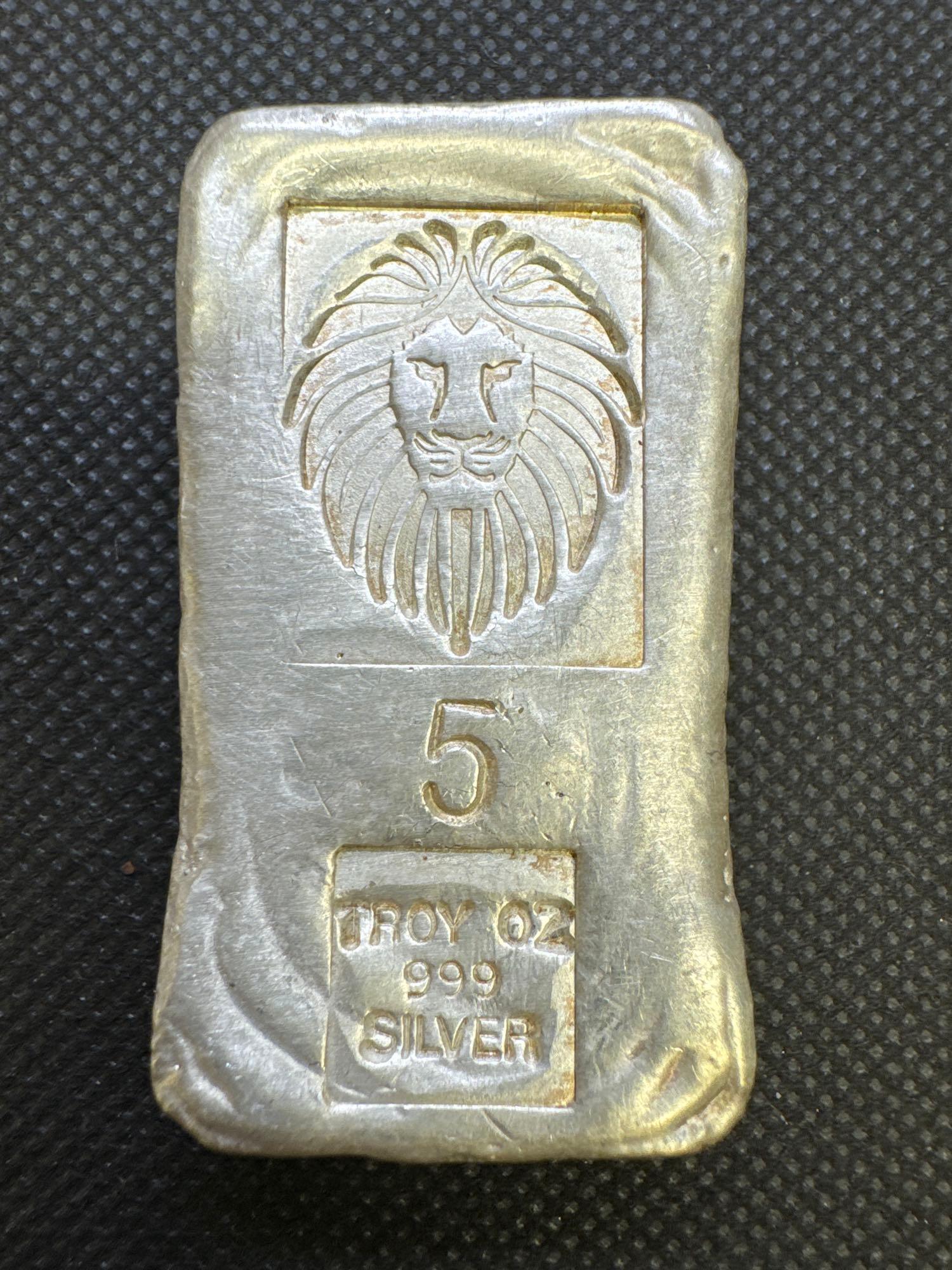 5 Troy Oz Lion Head .999 Fine Silver Bullion Bar