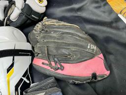 Large Lot of Baseball Gloves, Shin Protectors, Belts more
