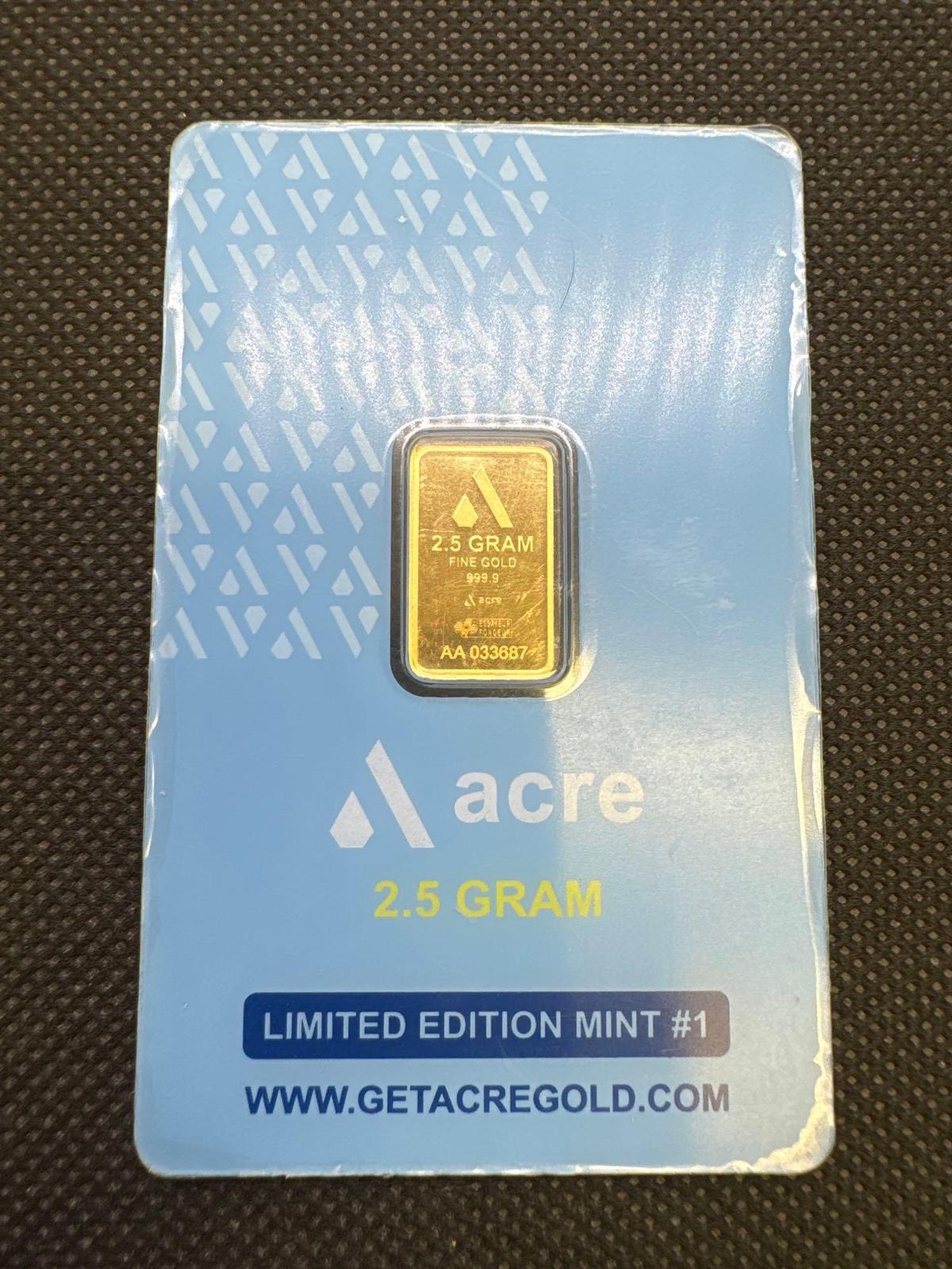 ACRE 2.5 Gram 999.9 Fine Gold Bullion Bar