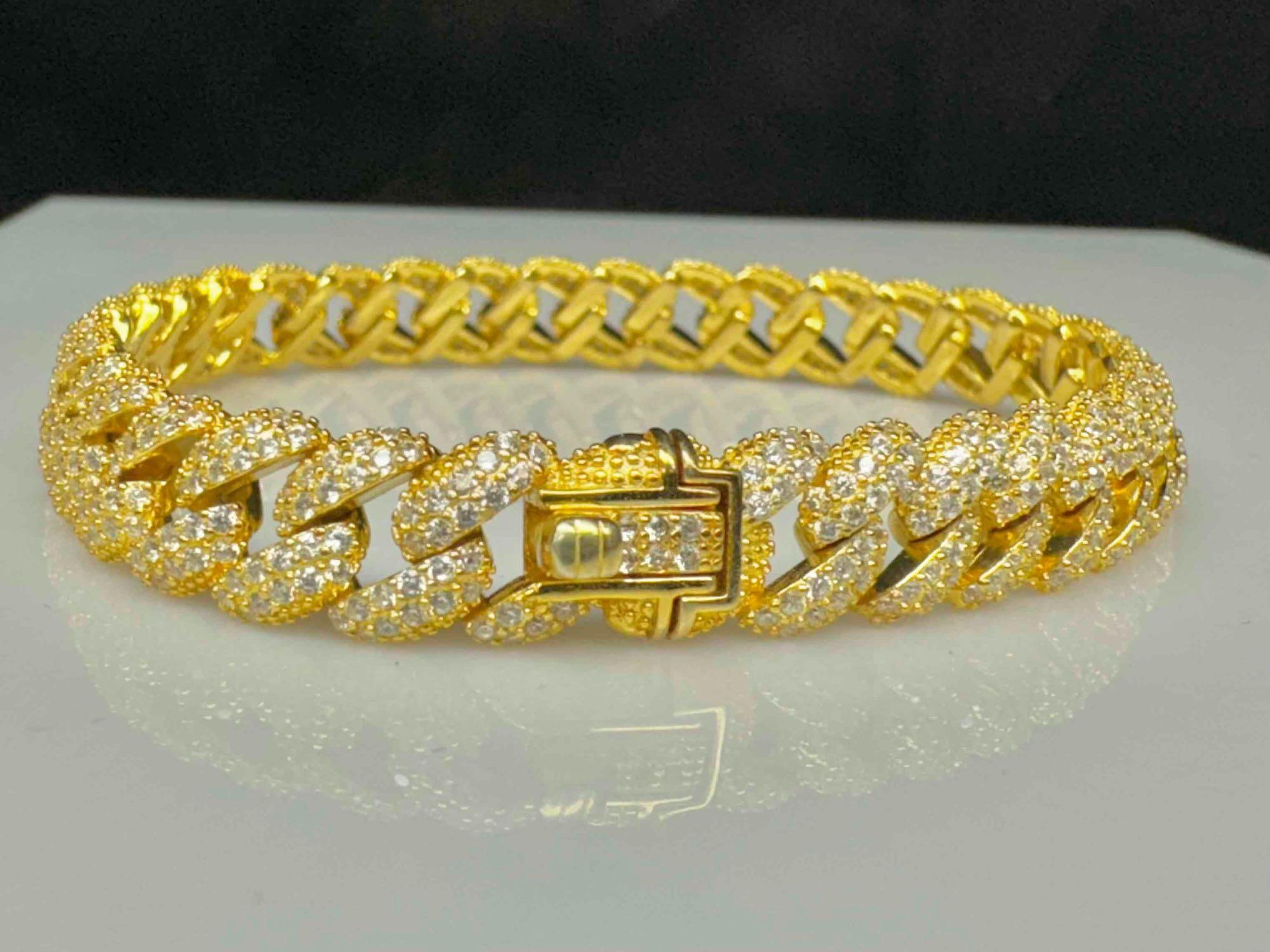 14k Gold Plated s925 Sterling Silver Bracelet with Moissanite Diamonds 16.4g total