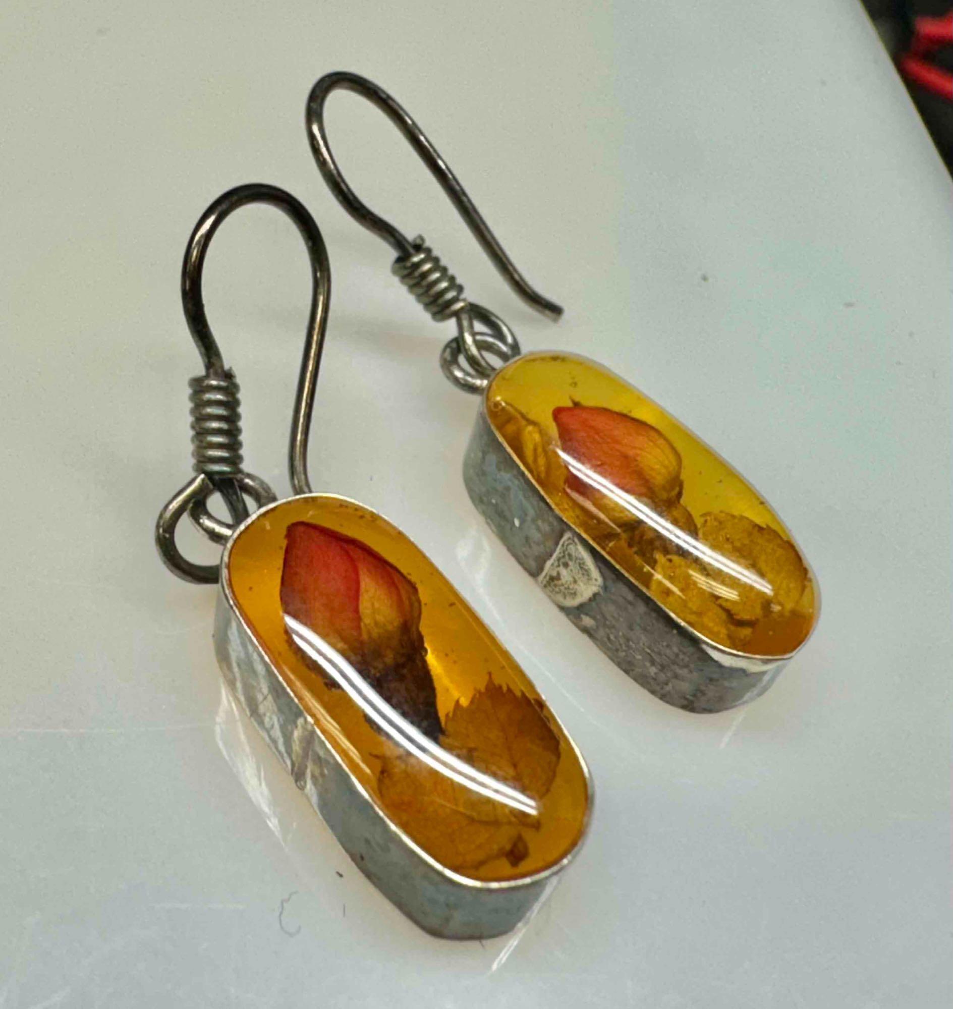 Unique 925 Sterling Silver Amber Earrings 3.3g