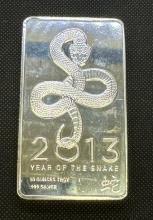 2013 Year Of The Snake 10 Troy Oz .999 Fine Silver Bullion Bar