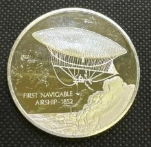 History Of Flight 1st Navigable Airship 1852 Sterling Silver Coin 1.33 Oz