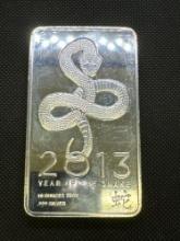 2013 Year of The Snake 10 Oz .999 Fine Silver Bullion Bar