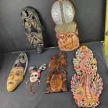 3 unique wooden masks 1 ceramic 2 decorative wall art pieces
