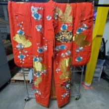 Huge red/gold silk Japanese Kimono with cranes and cherry blossoms