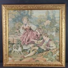 Framed needle point fabric/quilt tapestry boy/girl small dog Victorian age