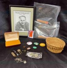 Mixed Goods. Framed Photo, Sports Card, buttons, Jewelry box more