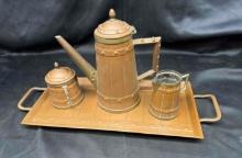 Art Deco Copper Coffee Or Tea Set Signed d.g.r.m. 3-pc.set Plus Tray
