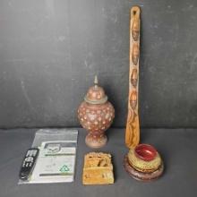 Misc. box lot metal decorative urn unique shue horn carved marble floral design small red/gold glass