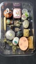 Lot of misc. vintage pill/trinket boxes mini mesh coin purse button hook small figurines etc.