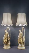 PAIR OF VINTAGE FRENCH STYLE JB HIRSCH FIGURAL CAST METAL MAIDEN TABLE LAMPS WITH LAMPSHADES