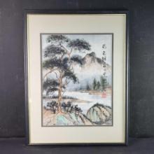 Framed watercolor artwork tree landscape mountain with signature and chopmark