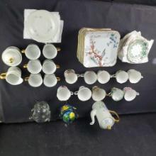 Box of various china cups saucer plates teapot etc. ES Mavilano Limoges Queen Anne Kent Gladstone