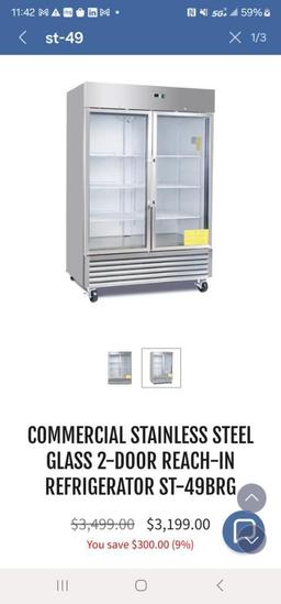 COMMERCIAL STAINLESS STEEL GLASS 2-DOOR REACH-IN REFRIGERATOR ST-49BRG NIB